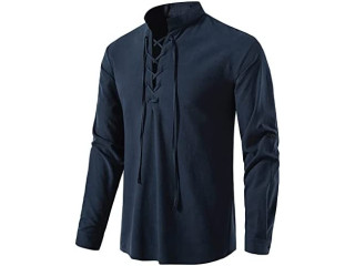 YAOHUOLE Linen Shirt Men Long Sleeve Cotton Classic Lace Up Casual Shirt Scottish Ghillie Shirt for Men