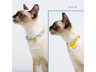 Zurligi 2 Pack Cotton Breakaway Cat Collar with Bell, Yellow & Green Flowers Pendant Cute Adjustable Pet Collar Kitten Collar