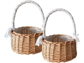 ASSR 2 x Woven Storage Baskets with Handle and Ribbon Wedding Flower Girl Baskets Wicker Basket Rattan Flower Basket for Home Garden Decoration - A2