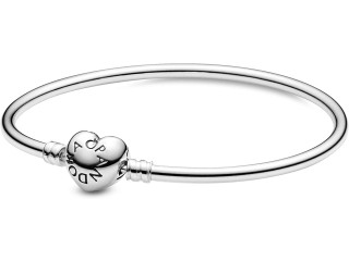 PANDORA Moments Logo Heart Clasp 925 Sterling Silver Charm Bangle Bracelet,
