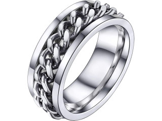 U7 Men Women Stainless Steel 5mm 7mm Wide Sturdy Band Cuban Link Chain Ring/Spinner Rings, Size 5 to 12, Gift Wrapped