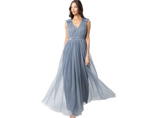 Maya Deluxe Women's Ladies Maxi Dress with Ruffle V Neck Sleeveless High Empire Waist Long for Prom Guest Wedding Bridesmaid