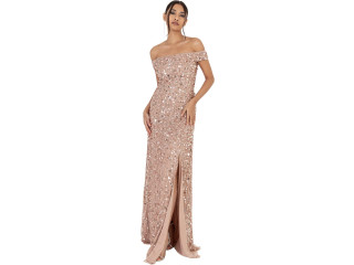 Maya Deluxe Women's Ladies Maxi Dress with Slit Split Bardot Sleevless Sequin Embellishment Evening Gown for Wedding Guest Bridesmaid Prom