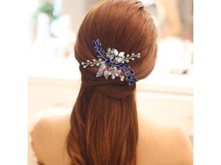 Blue Crystal Pearl Hair Comb Vine Silver Leaf Headpiece Wedding Hair Accessory for Bride Bridesmaid Girls