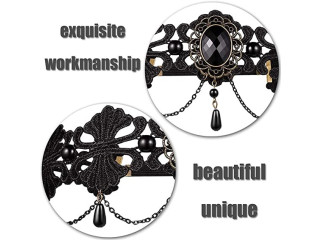 Lace Headband Gothic Crystal Flower Forehead Chain Vintage Headpiece Elastic Crown Headpieces for Halloween Cosplay Party
