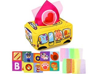 Baby Toy 0-6 Months Sensory Montessori Toy Baby Tissue Box Toy with 3 Square Towels