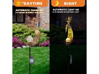 ConKrian Garden Solar Lights Pathway,Angel Moon Crackle Glass Globe Stake with Angel Metal Lights,Waterproof Warm White LED for Lawn