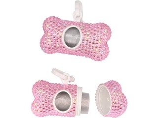 Soleebee Bling Crystal Bone Shaped Pet Waste Bag Dispenser with 1 Roll Waste Bags (Pink)