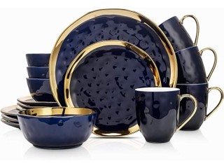 Stone Lain Porcelain 16 Piece Dinnerware Set, Service for 4, Blue and Golden Rim, Dark Blue