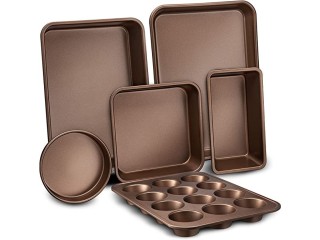 6-Pcs Nonstick Bakeware Set Baking Sheets, Non-Grease Cookie Trays, Wide & Square Bake Pan,