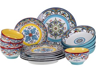 Euro Ceramica Zanzibar Double Bowl 16-Piece Dinnerware Set | Fine Kitchenware | Floral Multicolor Design