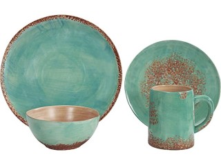 Paseo Road by HiEnd Accents | Patina Turquoise 16 Piece Ceramic Southwestern Rustic Cabin Dinnerware Set with Plates, Bowls and Mugs
