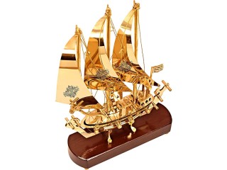 Indian Art Villa Brass Ship with Wooden Base, Showpiece Item, Perfect for Home Decoration and Gifting, 12'' Inch