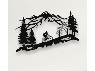 Metal Biker Wall Art, Mountain Tree and Cyclist Themed Wall Art, Metal Wall Decor, Bicycle Lover Gift,