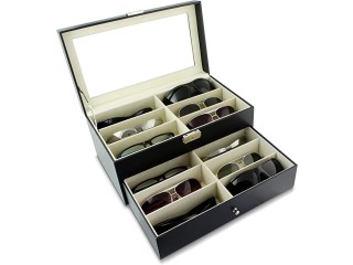 Grinscard Glasses Box for Storing 12 Glasses - Black, White - Approx. 34 x 19 x 16 cm - Sunglasses Presentation Showcase, Leathery Black