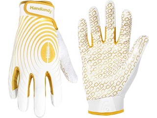 HANDLANDY Youth Football Gloves, Sticky Wide Receiver Gloves for Kids & Adult, White and Gold Stretch Fit Football Gloves
