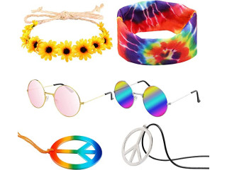 R HORSE 7 Pcs Hippie Costume Set Peace Sign Necklaces Flower Headband Hippie Sunglasses Tie Dye Headband 60s Accessories