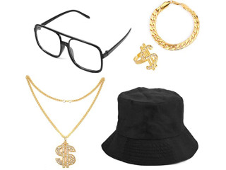 KINBOM 80s 90s Hip Hop Costume Outfit Kit, Bucket Hat Gold Dollar Sign Chain Gold Ring
