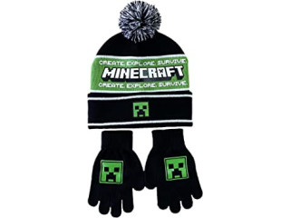 Minecraft Logo Creeper Face Boys Beanie & Gloves Set