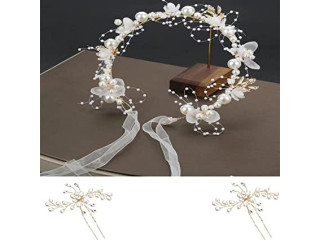 Bride wedding headwear, 3 PCS wedding headdress bride flower hair decoration wedding release set, pearl rhinestone wedding