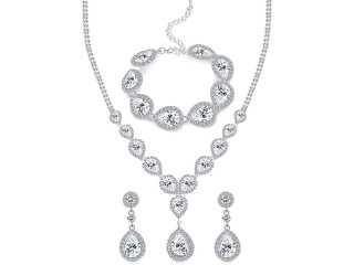 FUNRUN JEWELRY Wedding Bridal Crystal Jewelry Set for Women Teardrop Statement Necklace Bracelets Earrings set, crystal