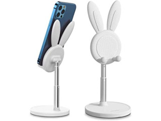 OATSBASF Cute Bunny Phone Stand, Angle Height Adjustable Cell Phone Stand for Desk, Thick Case Friendly Phone Holder