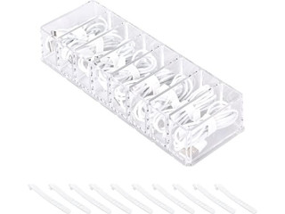 Yesesion Plastic Cable Management Box with 10 Wire Ties, Clear Power Cord Organizer with 8 Compartments, Electronics