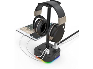 TROND RGB Headphone Stand with 3 USB Charging Ports, 3 Power Outlets, Desk Headset