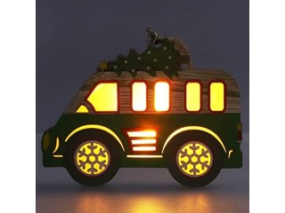 Cute Christmas Ornament, Lighted Wooden Green Bus Christmas Tree