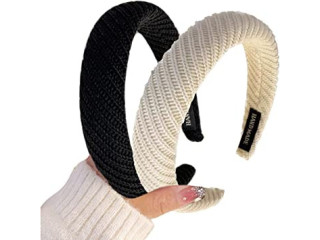 2 Pcs Wide Headbands for Women,Fashion Wool knitted headband Wide Brim Elastic Hair Hoops,Solid Color Vintage Winter Headbands for Washing Face,Sports