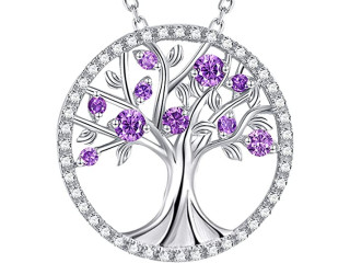 Tree of Life Necklace for Women 925 Sterling Silver with February March Birthstones Amethyst Aquamarine Jewelry, Birthday Gifts Jewelry for Wife Mom