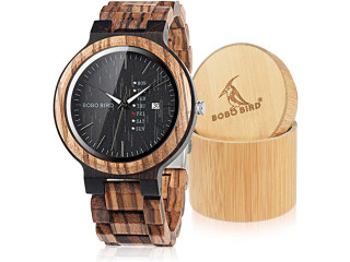 BOBO Bird Week and Date Multi-Functional Display Men's Zebra Wooden Quartz Watch Handmade Casual Wristwatches with Gift Box