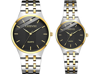 JewelryWe Luxury Couple Watches Gold-Silver Tone Stainless Steel Quartz Calendar Wristwatch Rhinestone His and Her Watch Set, for Valentine's Day
