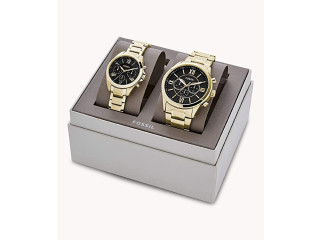 His and Her Chronograph Gold-Tone Stainless Steel Watch Gift Set, Gold, Chronograph