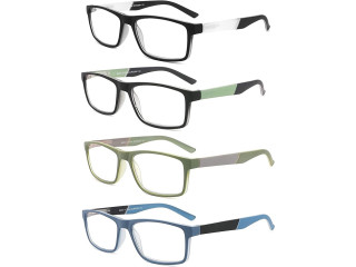 Reading Glasses Blue Light Blocking - Rectangular Eyeglasses for Men Women ,4 Pairs Mix Color Readers with Pouches