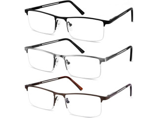 JJWELL 3 Pack Blue Light Blocking Reading Glasses for Men, Semi Rimless Readers Anti Eyestrain