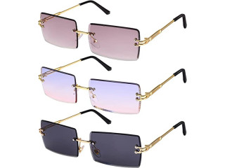 SUSSURRO 3 Pair Rimless Rectangle Sunglasses UV Protection Metal Rectangular Lens Sunglasses Cutting Lens Sun Glasses