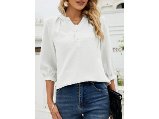 Bequemer Laden Summer Women's V-Neck 3/4 Sleeve Casual T-Shirt Swiss Dot Button Down Chiffon Tops Top T-Shirt Blouse Tunic