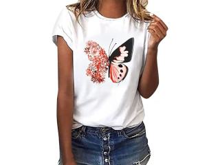 Heekpek Summer T-Shirt Women's Basic T-Shirt Printed Crew Neck White Tops Cotton Casual Women's Short Sleeve Blouse Tops