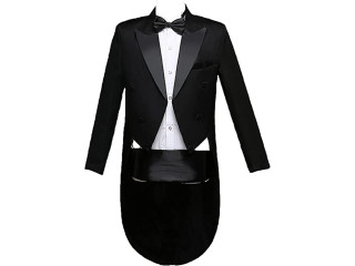 FEESHOW Men's Double Breasted Tailcoat Set of 4 Suits Wedding Tuxedo Suits Lapel Jacket Long Trousers Tie with Belt Set