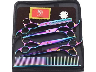 Poesie Kerry Pet Grooming Scissors Kit Dog Hair Care Shears 7 Inch Multicolo0ured 1 Cutting Scissors 1 Thinning Scissors 2 Curved Scissor