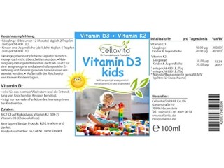 Cellavita Vitamin D3 with K2 mk7 kids for children, best organic availability, all trans form, 100 ml