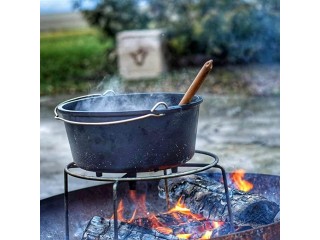 BBQ-Toro Cast Iron Dutch Oven Kit in Wooden Box, Fired, Saucepan, Frying Pan, Grill Rack, Tripod and More, 6 Piece Set