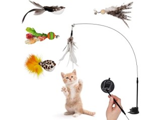 NELADE Interactive Cat Toy Self Engagement with Suction Cup Cat Rod with Feathers (5 Pendants)