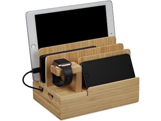 Relaxdays Bamboo Charging Dock for Apple Watch 15 x 21.5 x 15 cm, Mobile Phone Station, Tablet Holder, Watch Stand, Natural