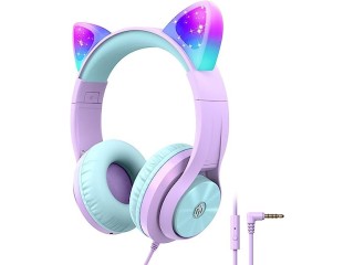 IClever Children's Headphones, Over-Ear Headphones with 94 dB Volume Limiter, LED Light, Foldable HD Stereo Headphones