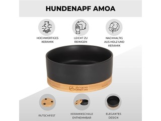 AromaDogTag Amoa Ceramic Dog Bowl with Wooden Saucer Black Non-Slip (Medium)