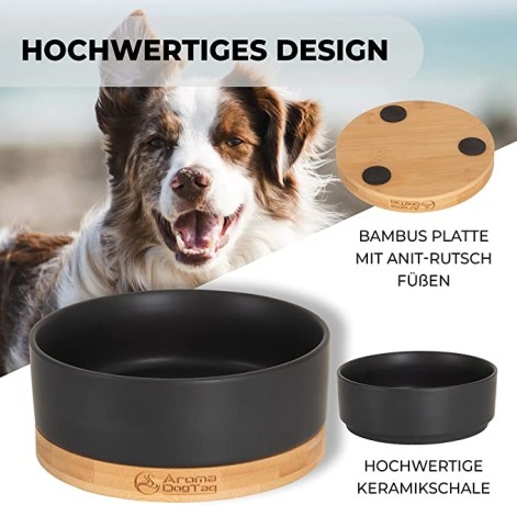 aromadogtag-amoa-ceramic-dog-bowl-with-wooden-saucer-black-non-slip-medium-big-1