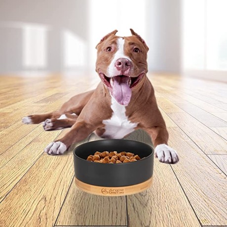 aromadogtag-amoa-ceramic-dog-bowl-with-wooden-saucer-black-non-slip-medium-big-2