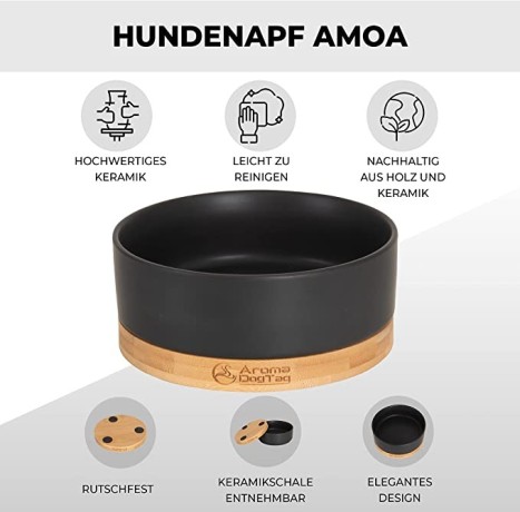 aromadogtag-amoa-ceramic-dog-bowl-with-wooden-saucer-black-non-slip-medium-big-0